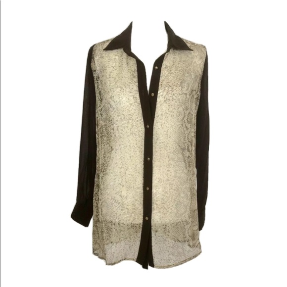 NWT BCBGMaxAzria Snakeskin Print Sheer Top Button Front Long Sleeves Brown Sz XS - Picture 1 of 9